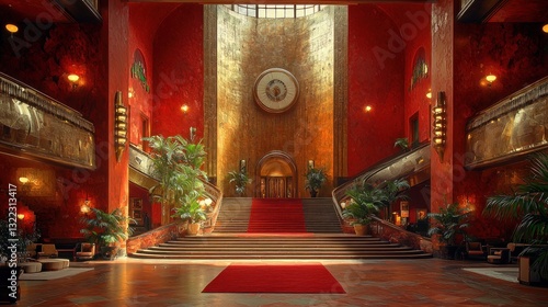 Wallpaper Mural Grand red Art Deco lobby with staircase and red carpet. Torontodigital.ca