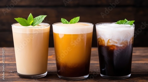 coffee culture vietnam, various vietnamese coffee drinks on a wooden table with room for text