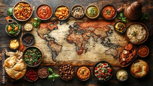 A global food journey on a world map with dishes from different regions symbolizing the world's diverse culinary practices