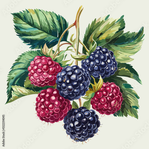 Watercolor Blackberries and Raspberries on the Vine