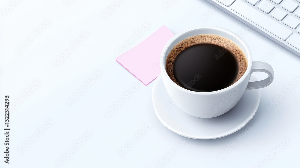 Organized workspace featuring sticky notes, a coffee cup, and a keyboard in an isometric digital illustration with a tidy design and cool tones. Business office concept Organized workspace featuring sticky notes, a coffee cup, and a keyboard in an isometric digital illustration with a tidy design and cool tones. Business office concept