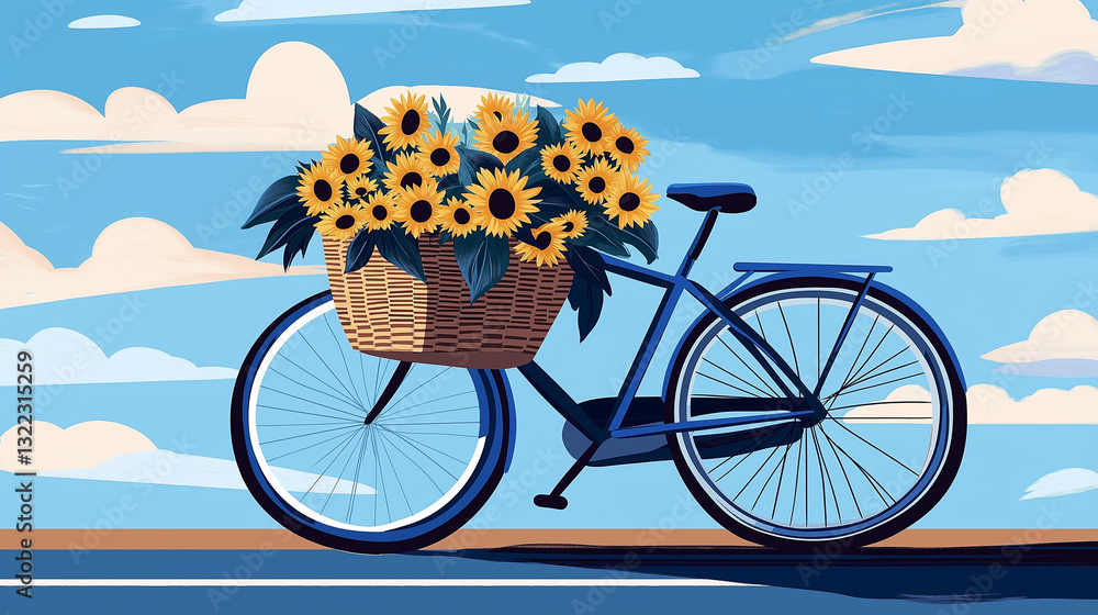 Fototapeta premium A charming blue bicycle with a woven basket filled with bright sunflowers, standing on a scenic country path under a blue sky.