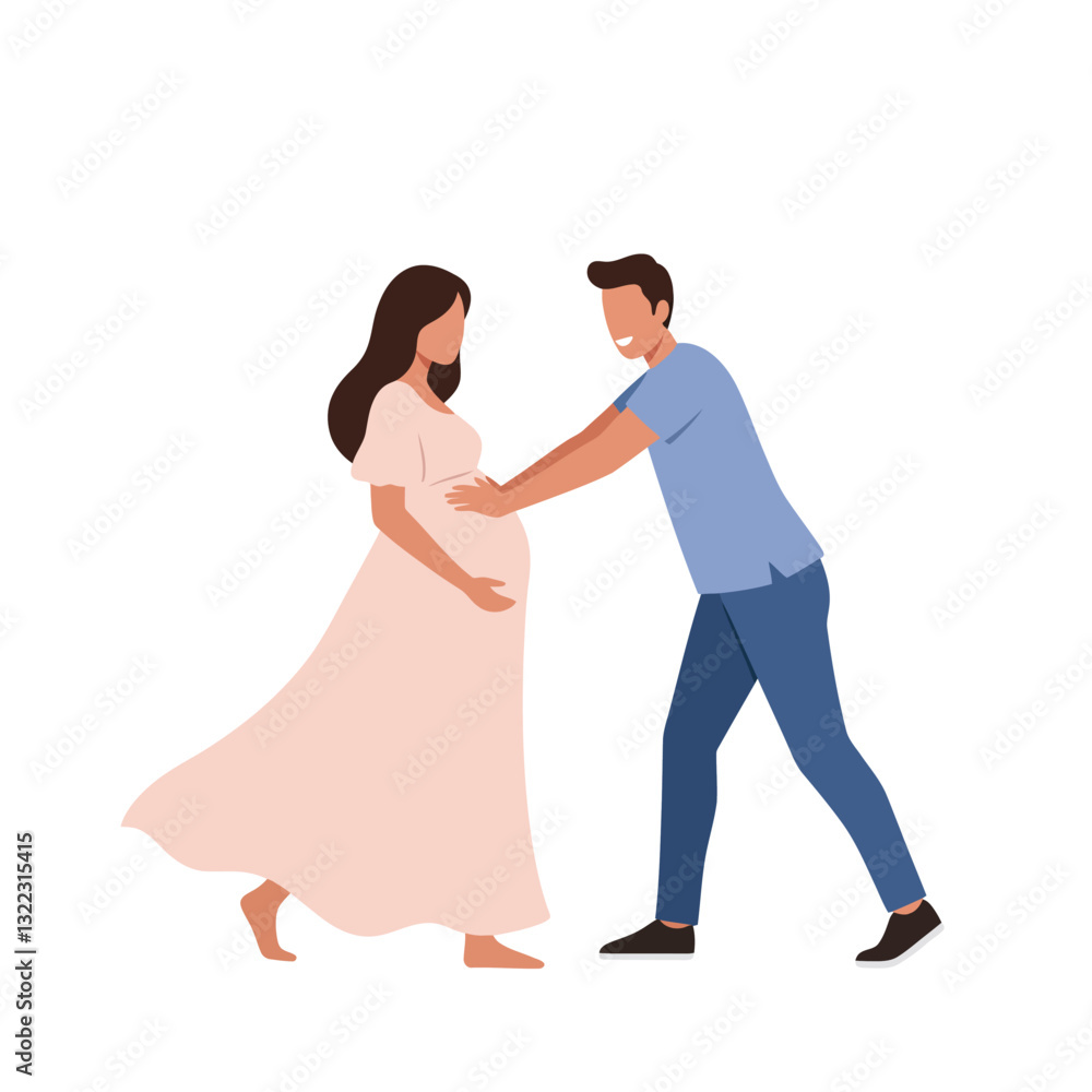 Pregnant woman smiling with partner in casual clothing flat vector illustration Pregnant woman smiling with partner in casual clothing flat vector illustration