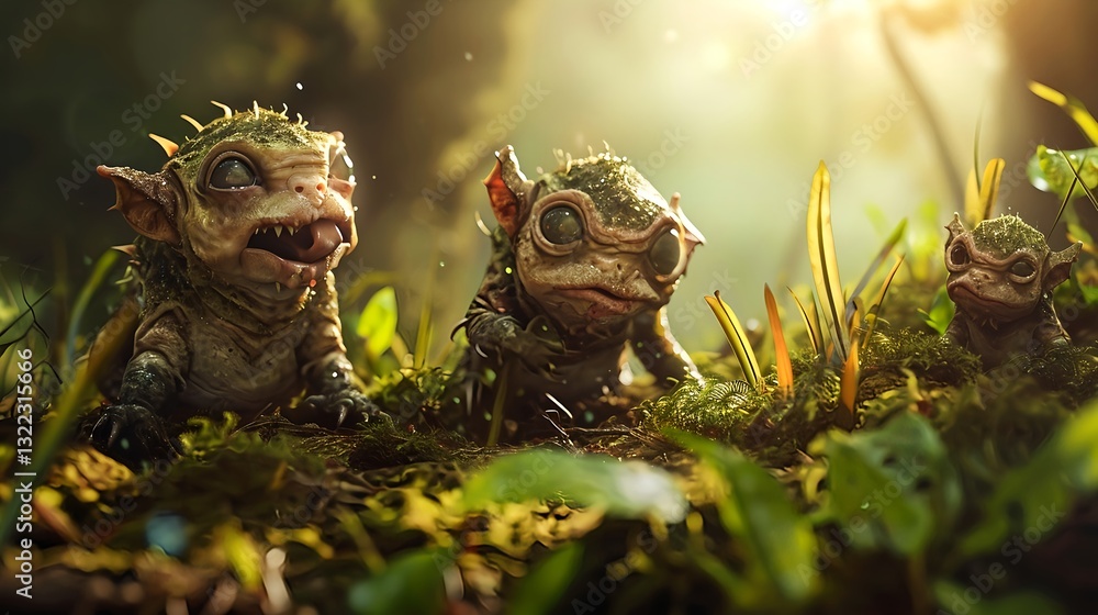 Cute forest goblins in magical sunlight Cute forest goblins in magical sunlight