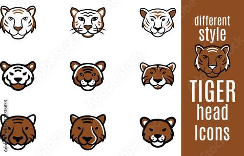 Collection of stylized tiger head icons in different colors