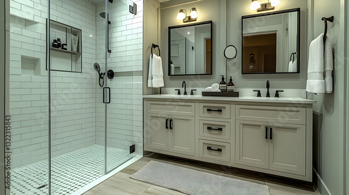 Modern, clean bathroom with double vanity and glass shower