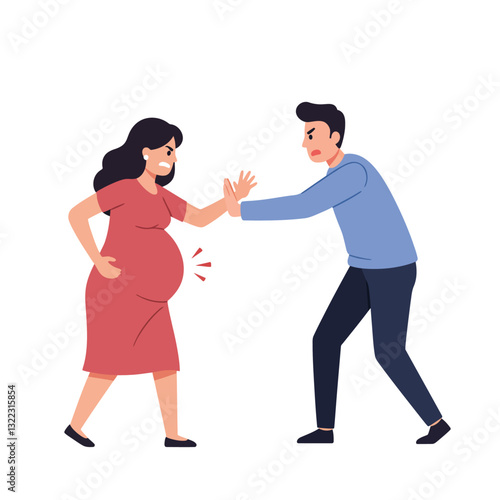 Pregnant woman expressing discomfort with partner in flat vector illustration style