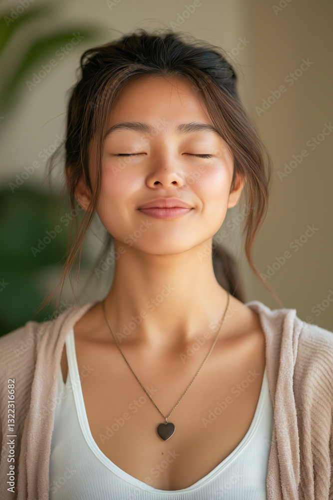 A peaceful young Asian girl meditates at home, smiling with closed eyes, feeling her heartbeat, taking deep breaths, and experiencing calmness and stress relief. A peaceful young Asian girl meditates at home, smiling with closed eyes, feeling her heartbeat, taking deep breaths, and experiencing calmness and stress relief.