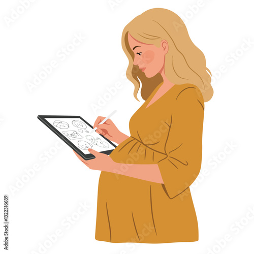 Pregnant woman sketching on tablet in minimal flat design vector art