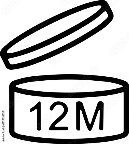 Period after open icon. Pao symbols. Round box with cap opened. Expiration period in 12 twelve months signs for cosmetic packaging on transparent background.