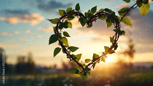 Heart-shaped vine framing a sunset over a serene field with soft clouds in the background