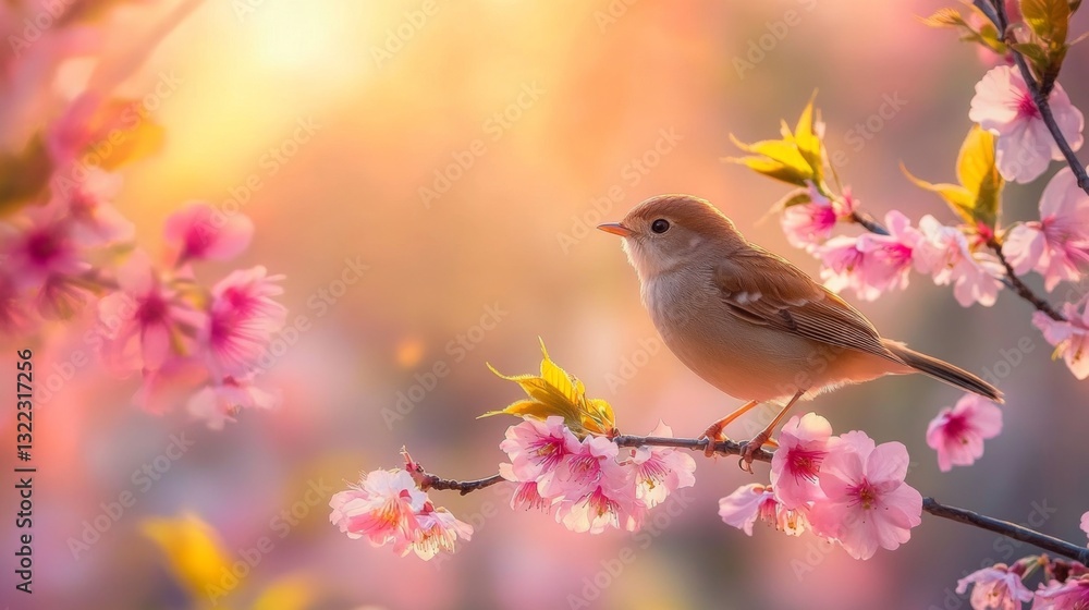 Fototapeta premium A small bird perched on a blooming cherry blossom tree in spring with a bright clear sky in the background