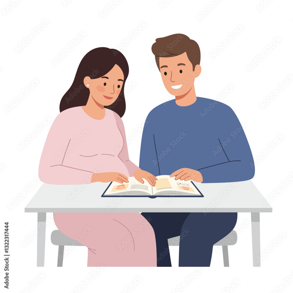 Obraz premium Couple interacting over a book in a flat design vector illustration