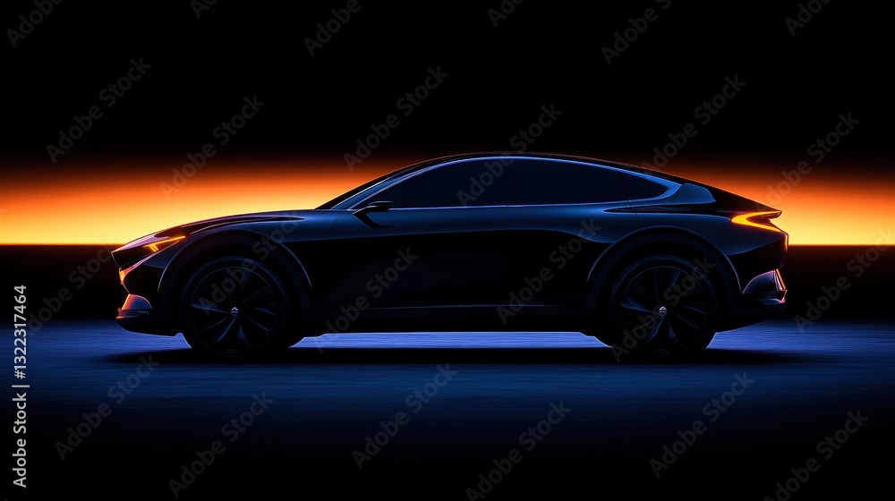 Naklejka premium A sleek, modern SUV, its curves sculpted by the wind and its surfaces gleaming under the sun, embodies the cutting edge of automotive design, a testament to the transformative power of Generative AI.