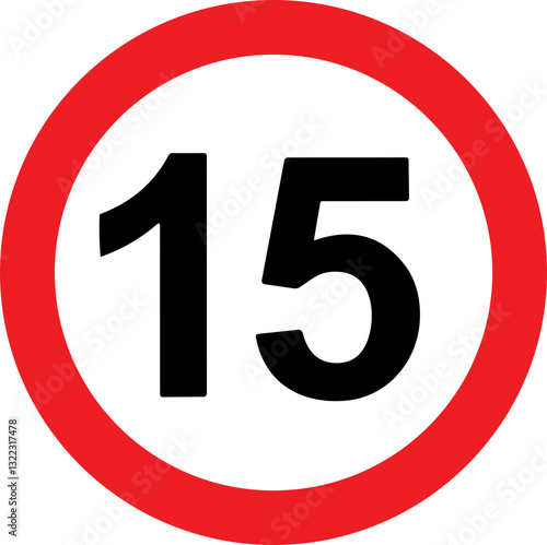 Road Speed Limit 15 fifteen Sign. Generic speed limit sign with black number and red circle. Vector illustration