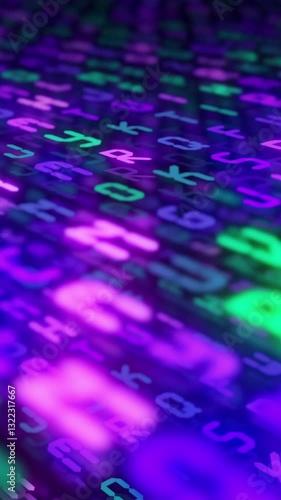 Vertical 3d animation with digital alphabet symbols and binary code numbers