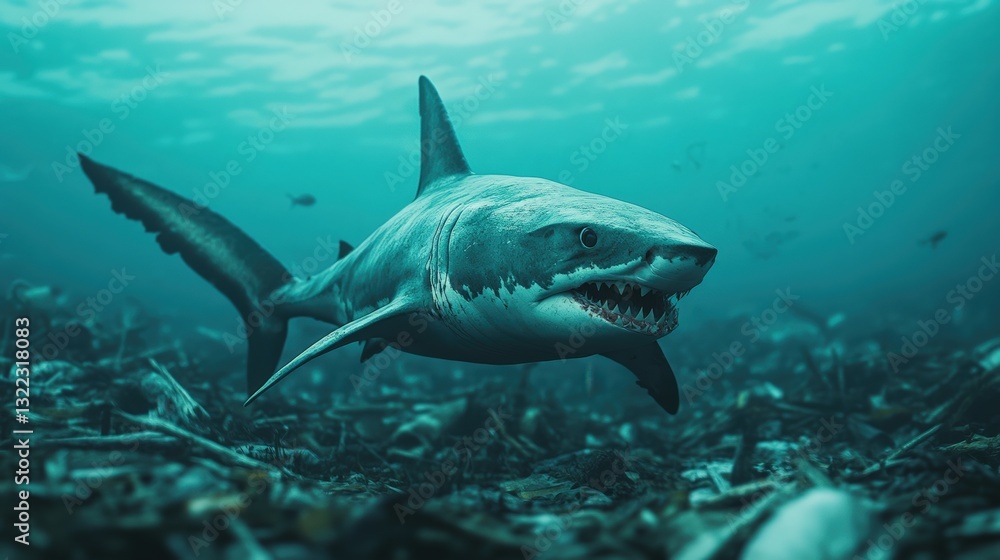 Fototapeta premium Great white shark swimming over polluted ocean floor covered in debris