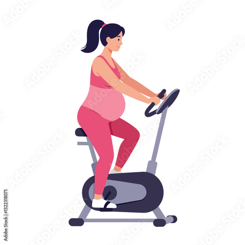 Pregnant woman exercising on stationary bike in flat vector illustration