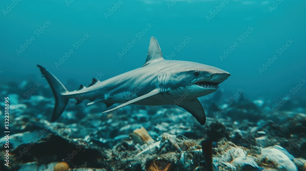 Obraz premium Shark swimming over polluted ocean floor covered in debris