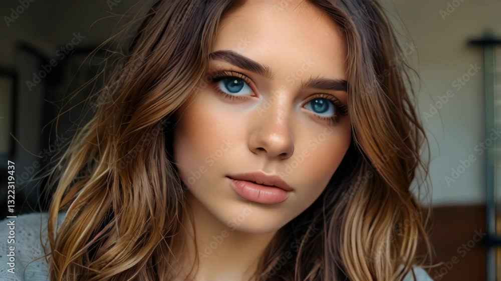 Young Beautiful Woman Face. Fashionable, Elegant and Glamour Lady Person. Young Modern Adult Female Character. Sensual Close Up Portrait for Beauty Salon or Female Shop Banner Advertising Wallpaper. Young Beautiful Woman Face. Fashionable, Elegant and Glamour Lady Person. Young Modern Adult Female Character. Sensual Close Up Portrait for Beauty Salon or Female Shop Banner Advertising Wallpaper.