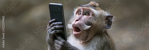 A surprised monkey holds a mobile phone and looks amazed in a funny scene