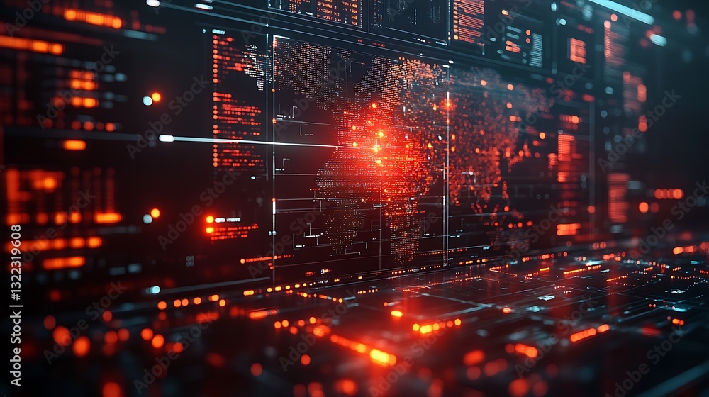 Futuristic depiction of cyber warfare targeting Europe with red alert indicators and an abstract global network Futuristic depiction of cyber warfare targeting Europe with red alert indicators and an abstract global network