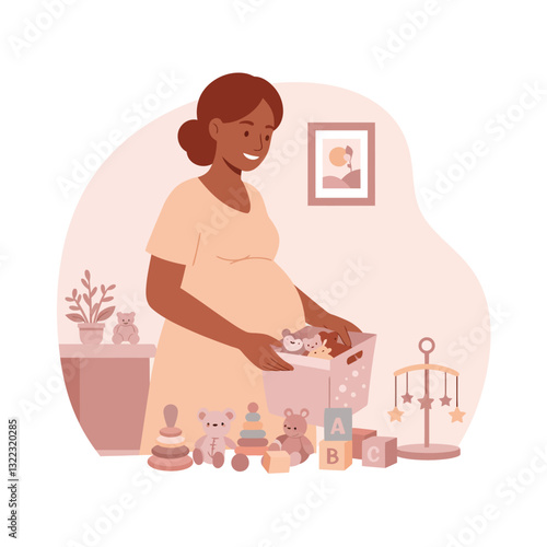 Pregnant woman organizing toys in cozy room flat vector illustration