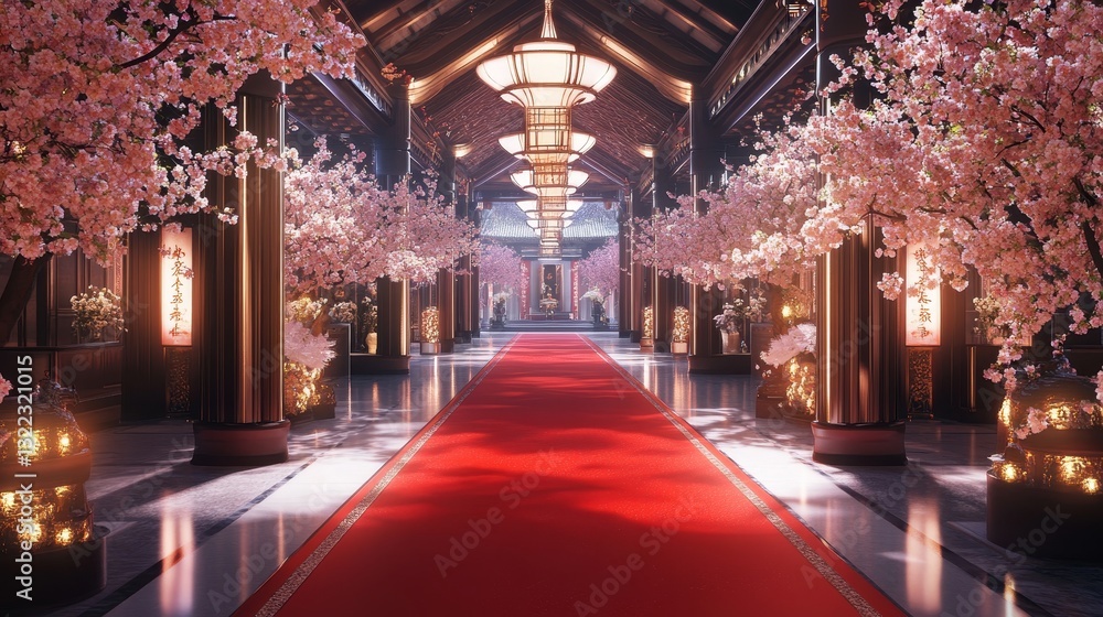 Fototapeta premium Luxury event background with red carpet, cherry blossom decorations, product placement, elegant floral theme, bright lighting, spacious hall, stylish architecture, 3d illustration