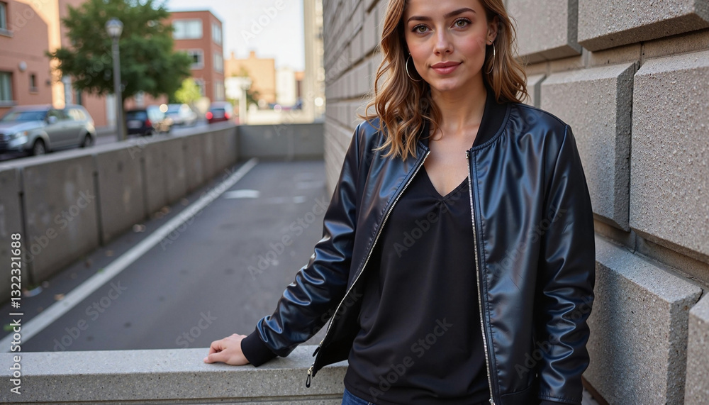Fototapeta premium Casual pose with glossy bomber jacket on urban ledge, modern style
