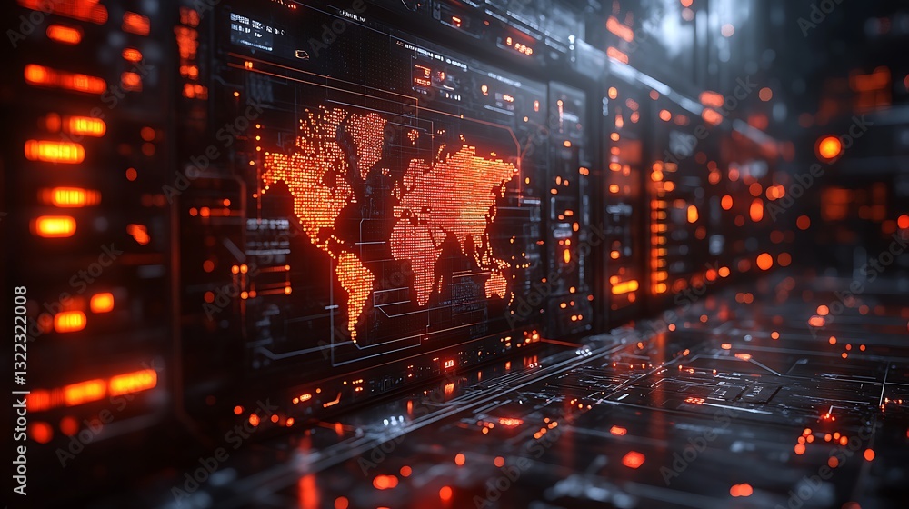 Fototapeta premium Digital security breach affecting Europe with red alert signs and a network vulnerability concept