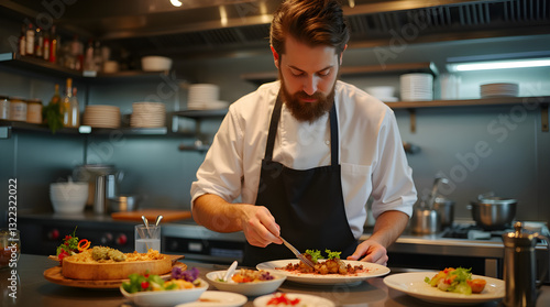 Fototapeta Naklejka Na Ścianę i Meble -  Bearded Chef Carefully Plating Gourmet Food in Professional Kitchen Restaurant Cuisine