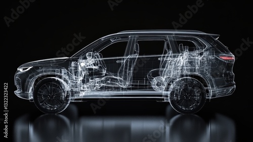 A 3D technical illustration reveals an SUV intricate internal structure with X-ray transparency, highlighting the advanced airbag system that ensures passenger safety in the event of impact. photo