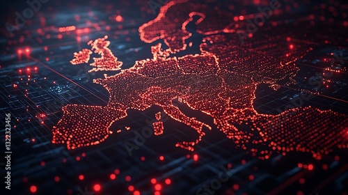 Digital map highlighting Europe under cyber attack with red alert signals and virtual security breaches