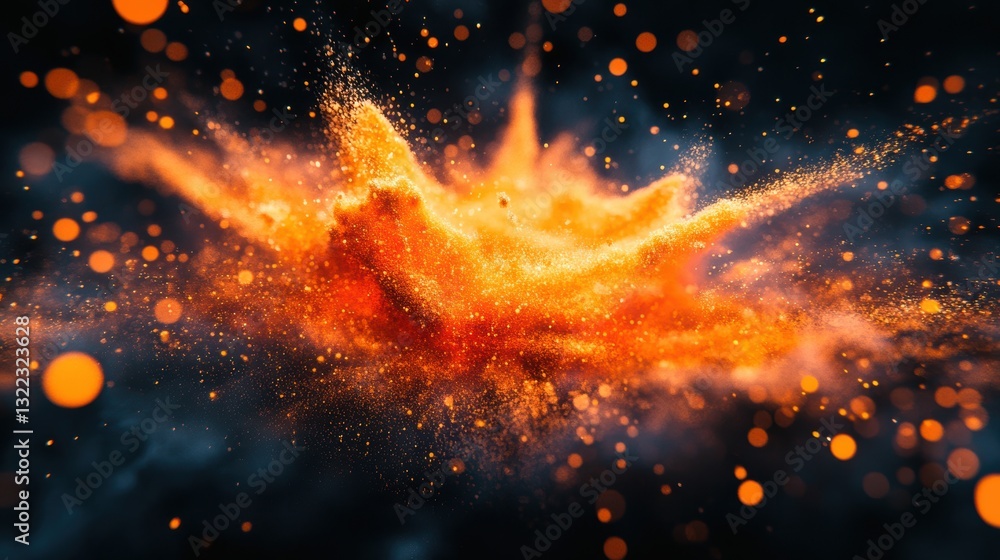 Naklejka premium A vibrant explosion of orange, as if captured mid-splash, erupts against a sleek black background, inviting the viewer to explore the generative capabilities of Artificial Intelligence.