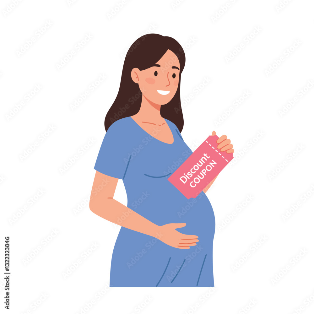 Pregnant woman holding a discount coupon in a flat design vector illustration