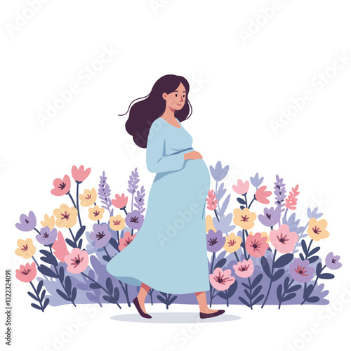 Pregnant woman walking through colorful flower garden in flat vector art