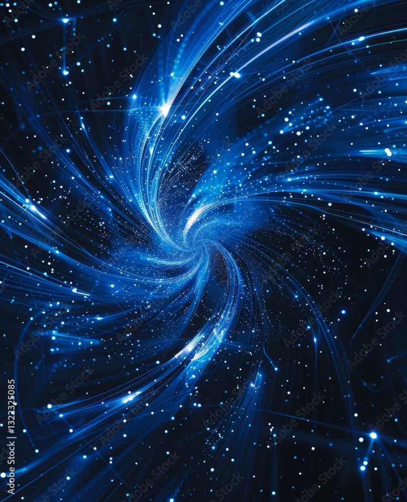 Fototapeta premium Abstract Blue Spiral Beams and Lines Resemble Blooming Fireworks in Space with Clean Lines and Simple Orderly Composition