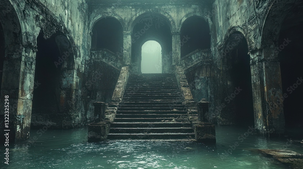 Fototapeta premium Submerged ruins of an ancient building with a stone staircase leading to a mysterious, fog-filled exit.