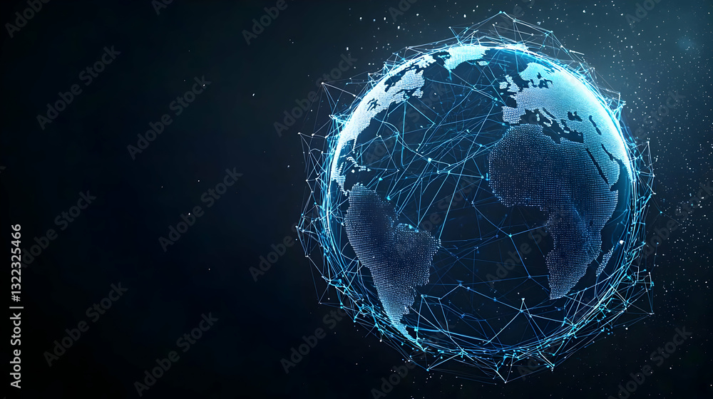 Obraz premium Rotating Blue Illuminated Pixelated Earth Globe on Dark Background Global Network Technology Concept