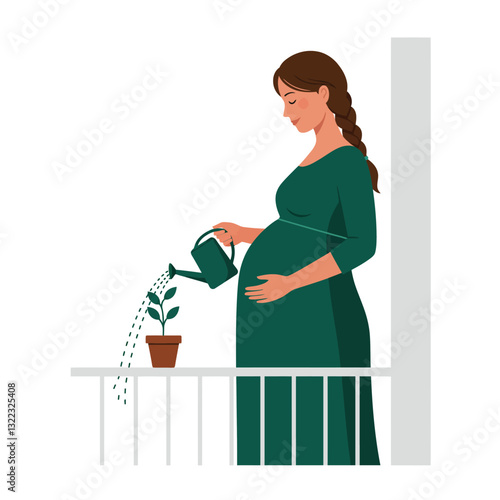 Pregnant woman watering plant on balcony in minimal flat vector illustration