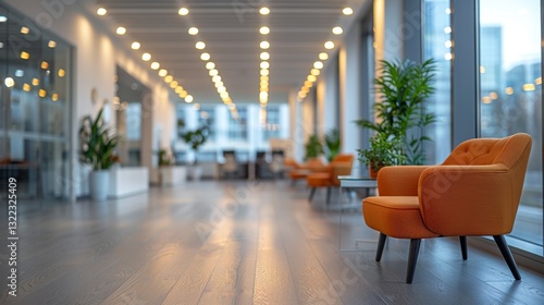 Abstract Blurred Empty Open Space Office Interior Background with Bokeh Light for Creative Projects and Presentations