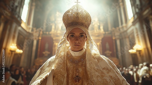 First female pope wearing papal tiara and traditional vestments in historic church. Ai generated