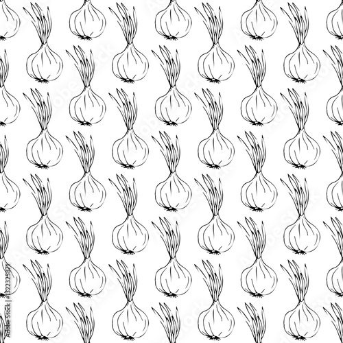 Onion in doodle style. Vector illustration. Simple seamless pattern.