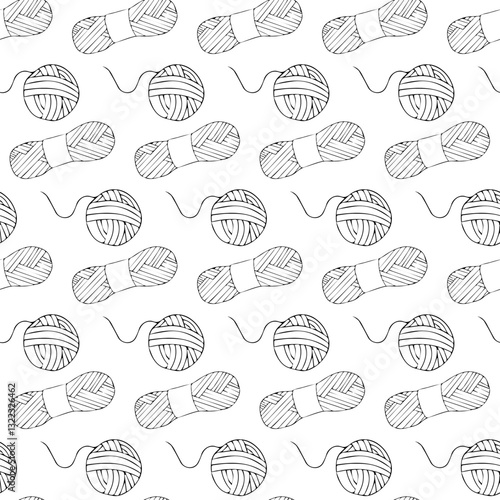 Ball of yarn, factory skein and small skein with yarn leftovers. Doodle style. Seamless pattern.