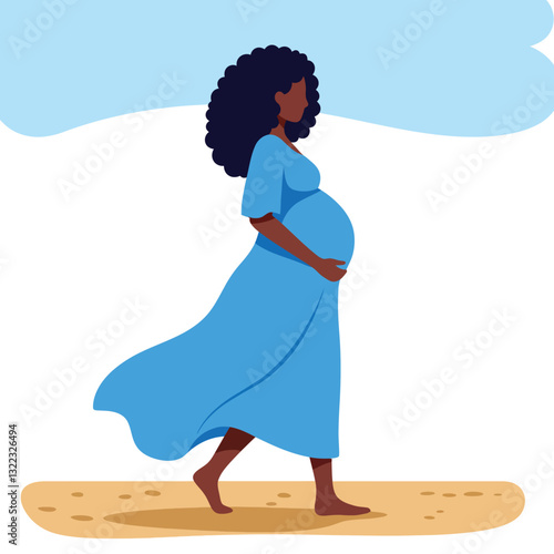 Pregnant woman in flowing blue dress walking on sand in flat vector art