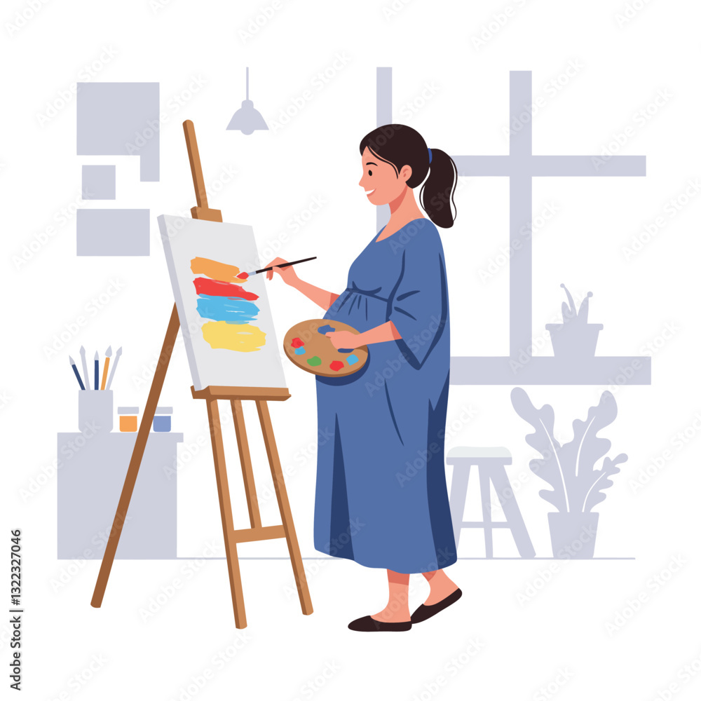 Fototapeta premium Artist creating colorful painting at easel in minimal flat vector illustration