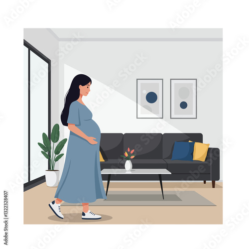 Pregnant woman walking in modern living room with flat design vector art