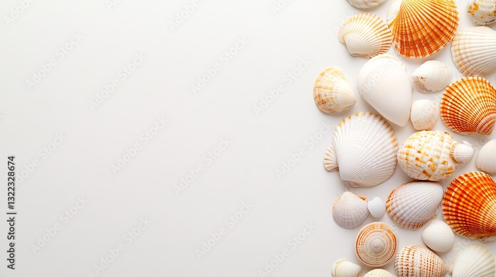 Collection of various seashells arranged on a light background, evoking a coastal theme Collection of various seashells arranged on a light background, evoking a coastal theme
