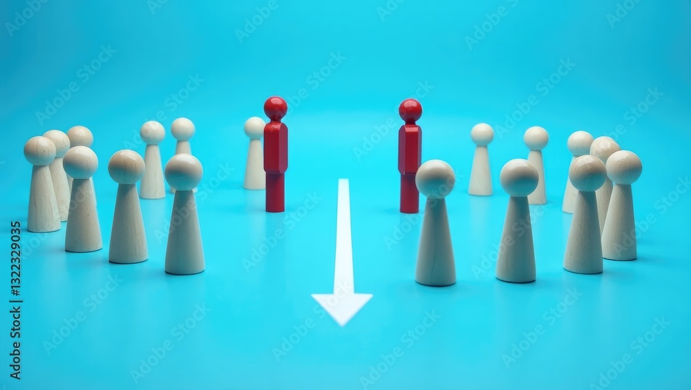Mediator divides two opposing groups with a white line. Resolving the conflict via negotiations. Deescalating the dispute. Establishing a truce, ending the confrontation. Mediator divides two opposing groups with a white line. Resolving the conflict via negotiations. Deescalating the dispute. Establishing a truce, ending the confrontation.