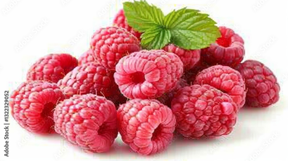 Fresh raspberries with green leaves isolated on a clean white background for culinary use Fresh raspberries with green leaves isolated on a clean white background for culinary use